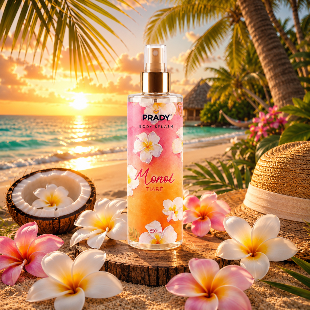 Brume Corps et Cheveux Monoï Tiaré Prady 250 ml présentée sur une plage tropicale au coucher du soleil avec fleurs de tiaré, sable fin et ambiance vacances paradisiaques