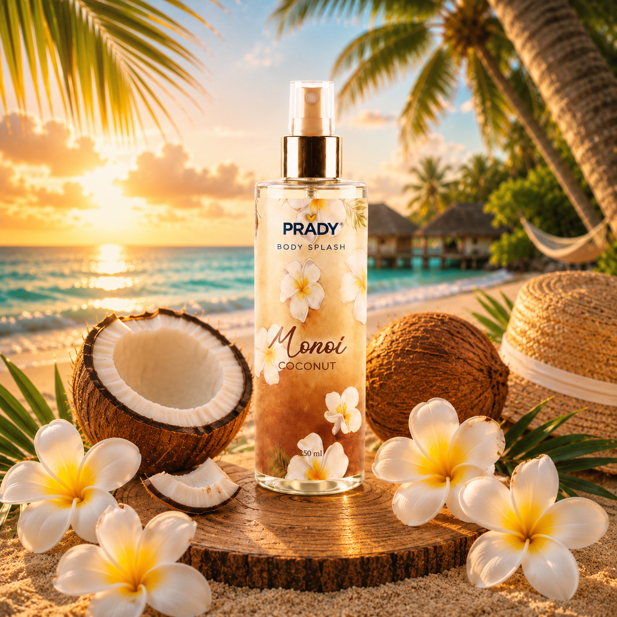 Brume Corps et Cheveux Monoï Coconut Prady 250 ml présentée sur une plage tropicale avec noix de coco, fleurs exotiques, mer turquoise et coucher de solei