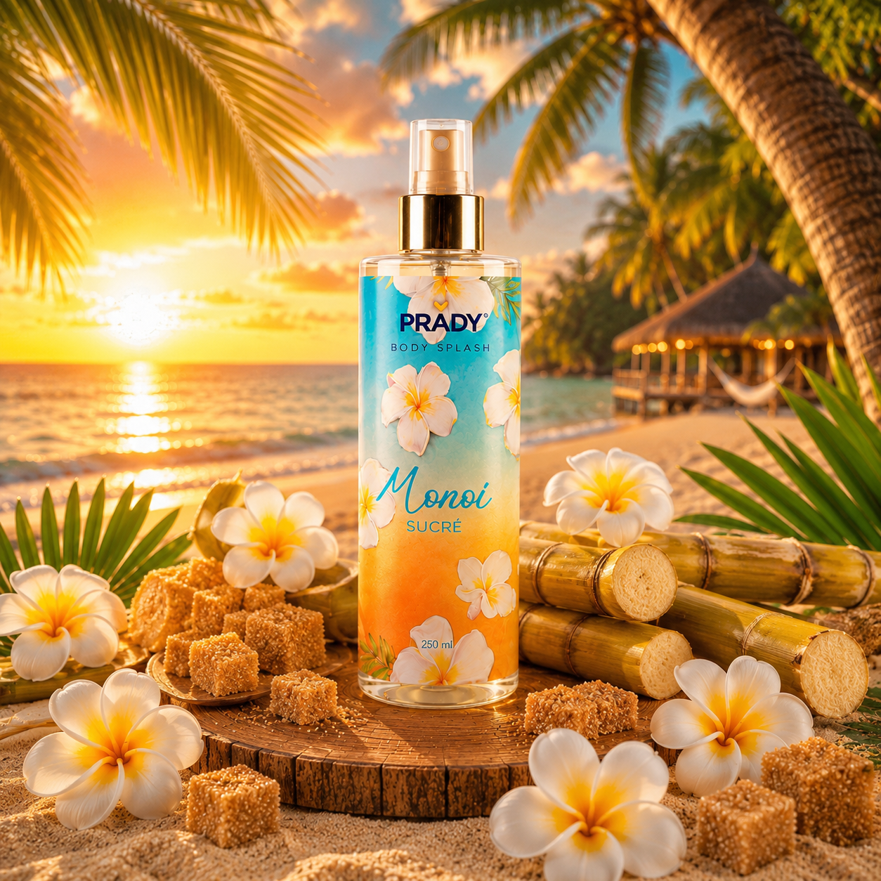Brume Corps et Cheveux Monoï Sucré Prady 250 ml sur une plage tropicale avec fleurs exotiques, sucre de canne, sable fin et coucher de soleil