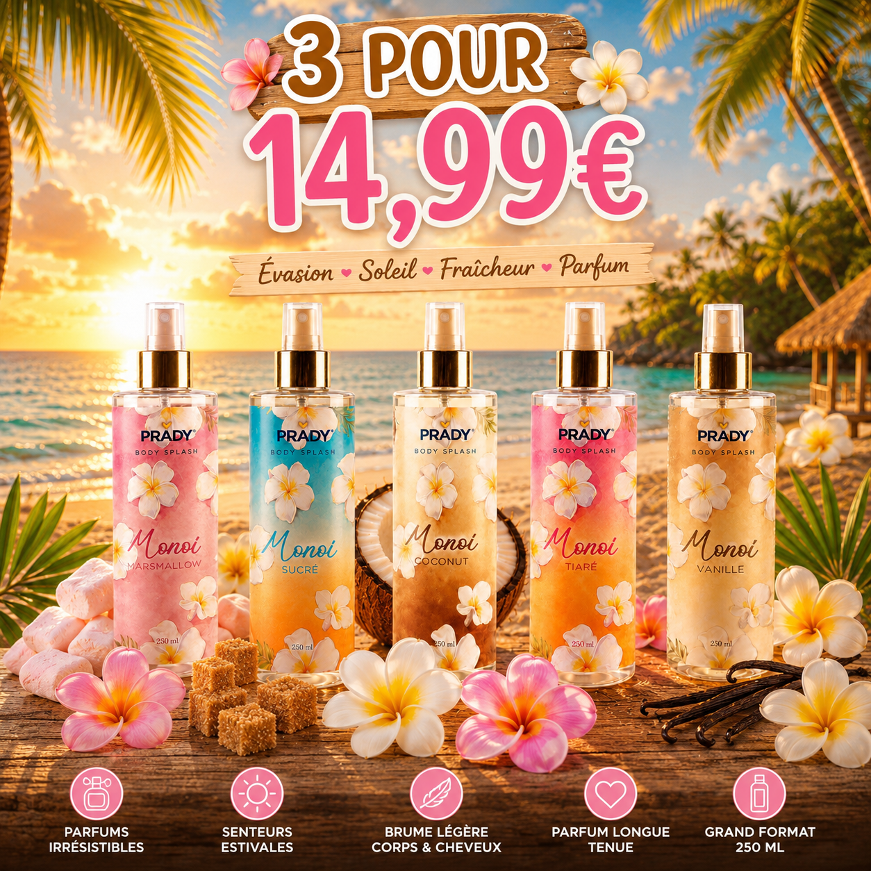 Lot de 3 Brumes Corps et Cheveux Monoï Prady 250 ml au choix parmi cinq senteurs estivales dans une ambiance tropicale de vacances