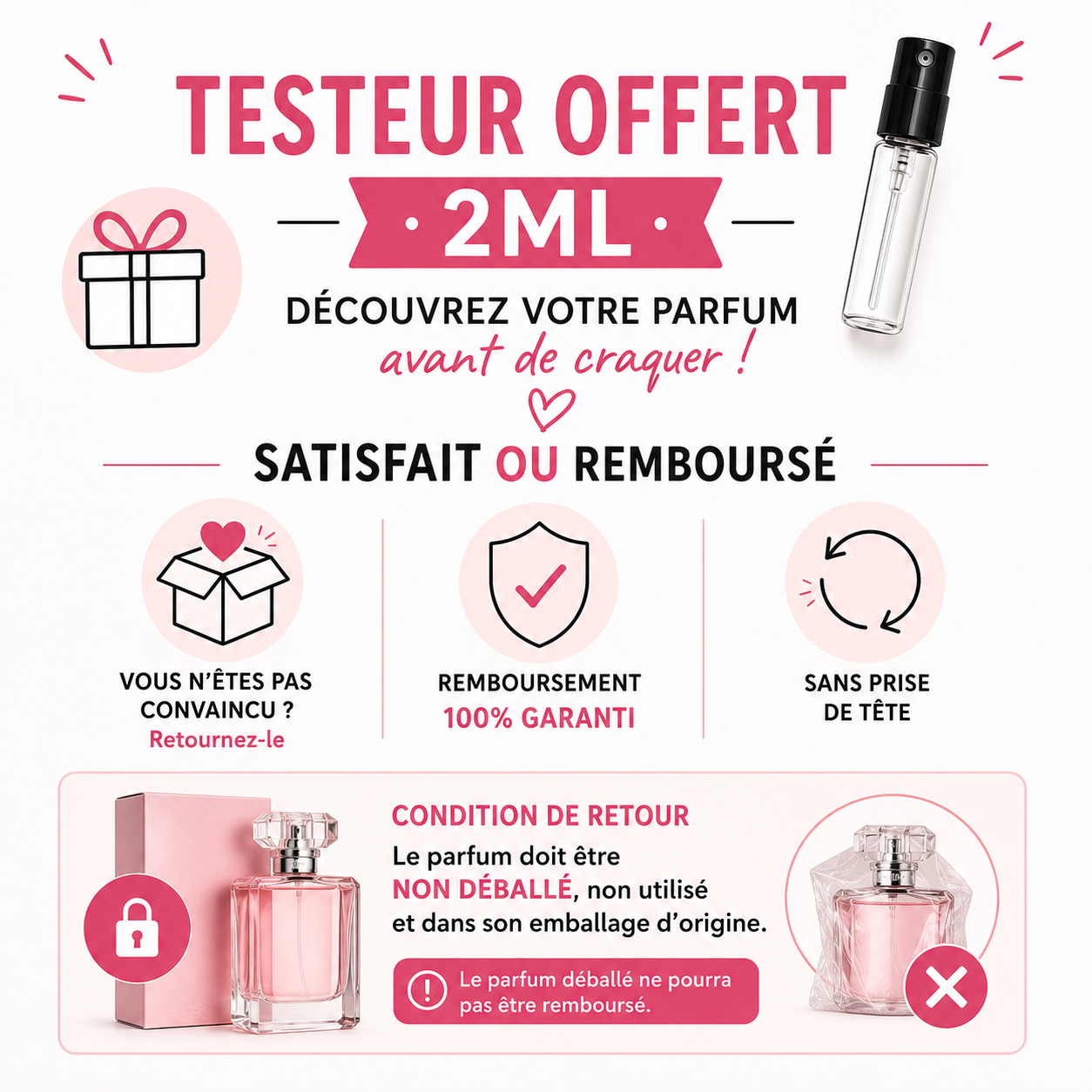 Parfum avec testeur offert 2ml satisfait ou remboursé sur flacon non ouvert
