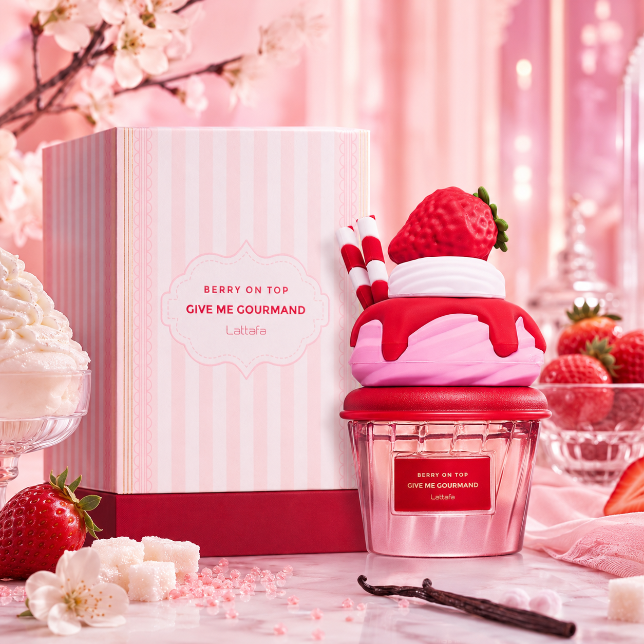 Lattafa Give Me Gourmand Berry On Top avec bouteille et boîte dans une ambiance fraise vanille gourmande