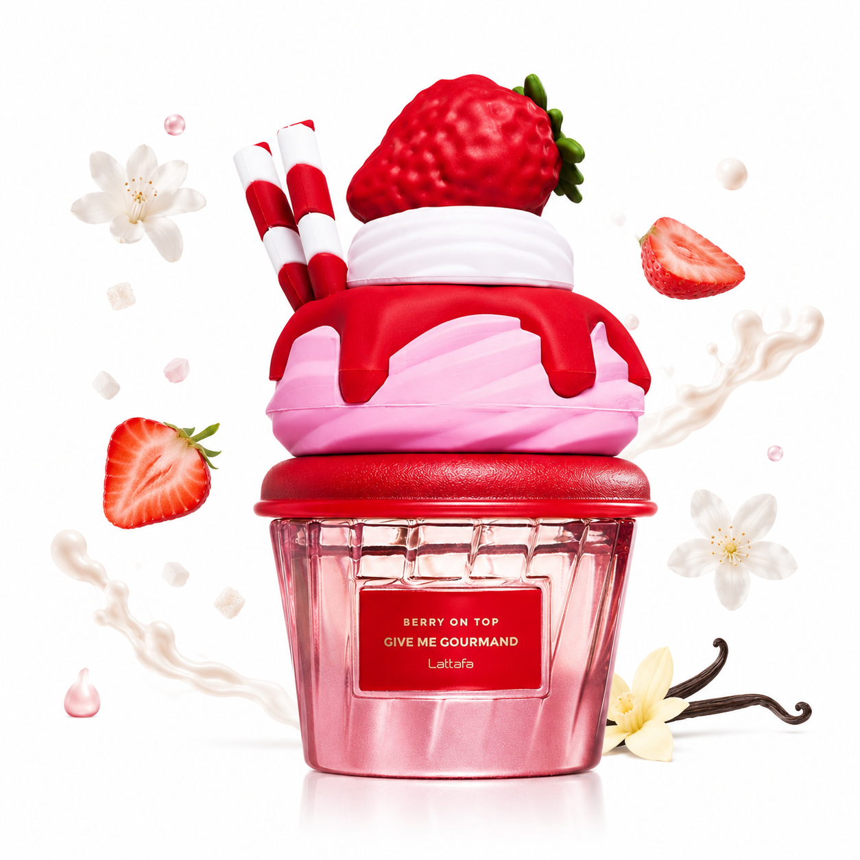 Bouteille seule Lattafa Give Me Gourmand Berry On Top sur fond blanc avec notes de fraise crème vanille