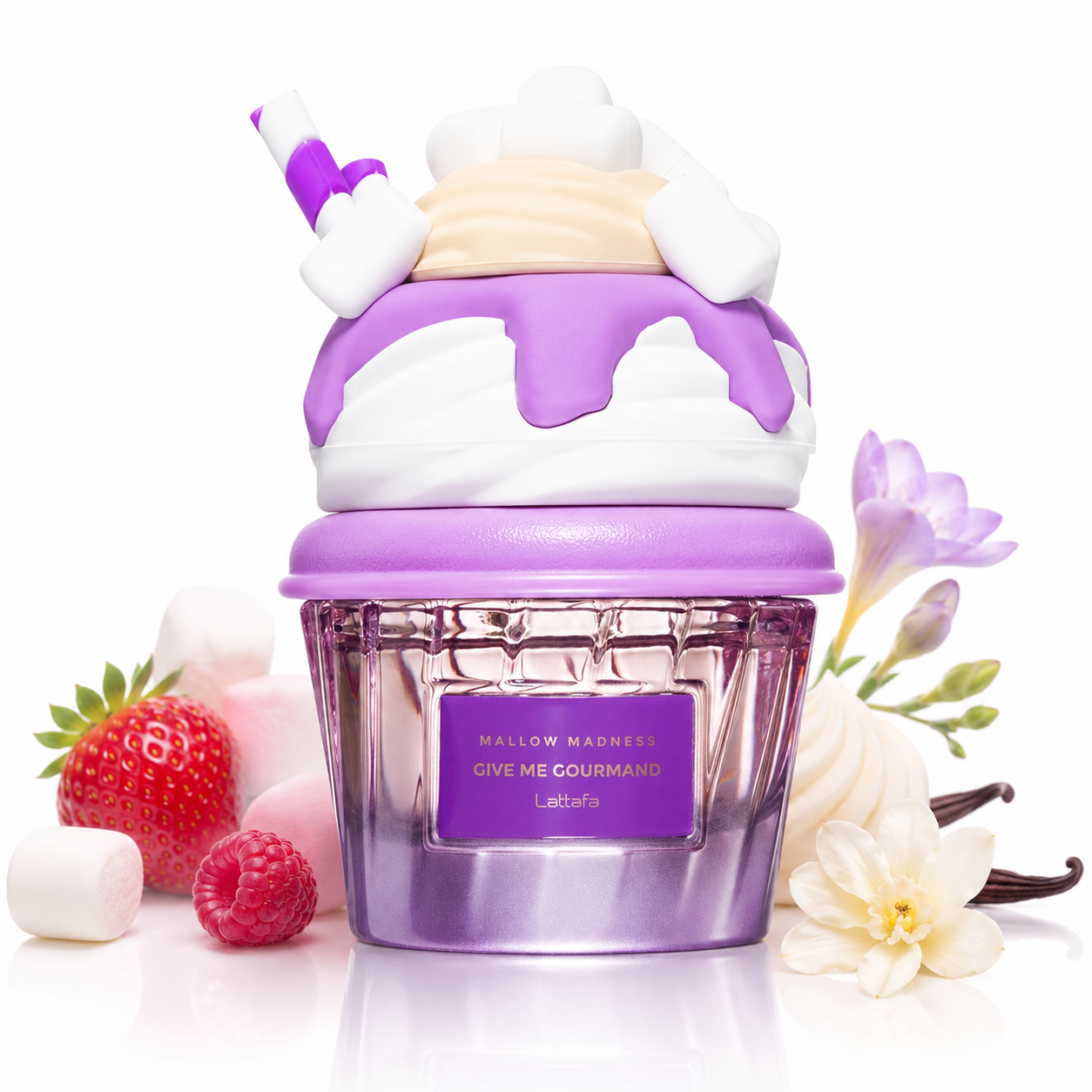 Bouteille seule Lattafa Give Me Gourmand Mallow Madness sur fond blanc avec notes de guimauve fraise framboise vanille et freesia