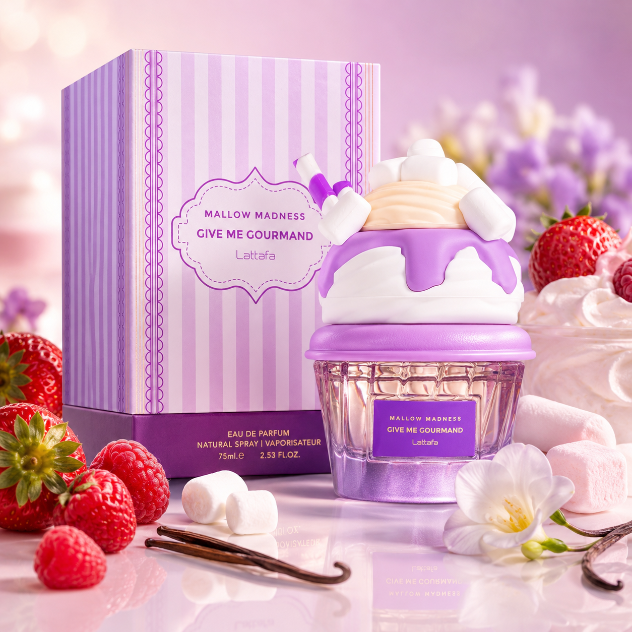 Bouteille et boîte Lattafa Give Me Gourmand Mallow Madness eau de parfum mixte 75 ml aux notes de fraise framboise guimauve vanille et musc