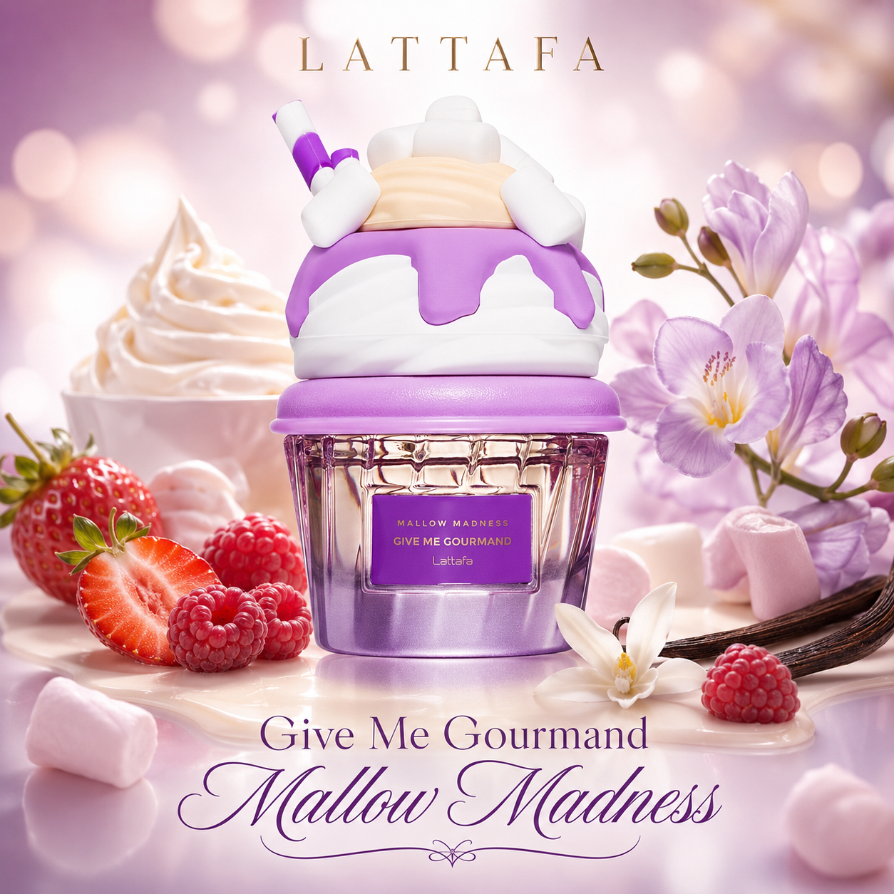 Lattafa Give Me Gourmand Mallow Madness eau de parfum 75 ml dans une ambiance gourmande guimauve framboise vanille et musc