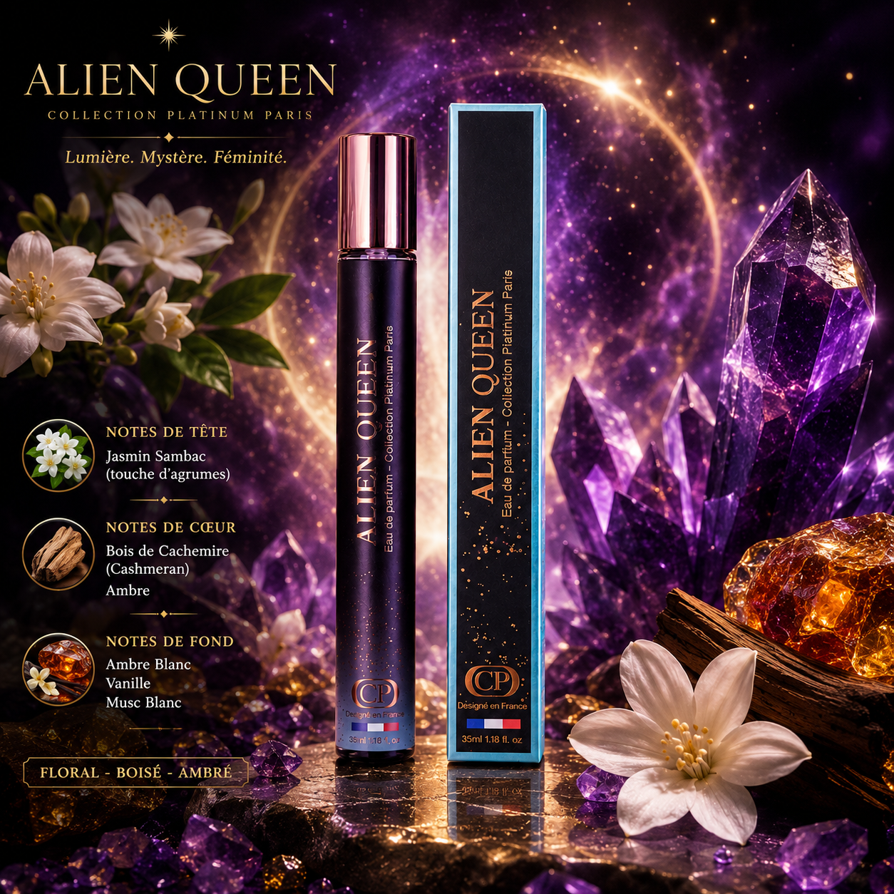 Alien Queen 35 ml Collection Platinum Paris - parfum de poche femme floral boisé ambré avec jasmin, ambre et vanille