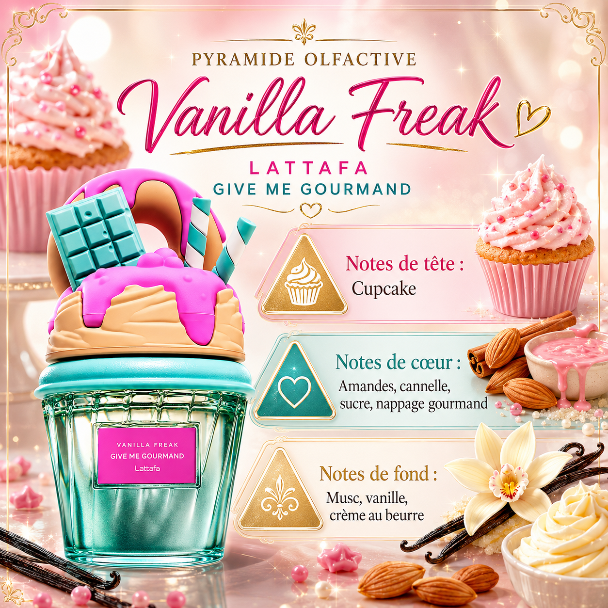 Pyramide olfactive Lattafa Vanilla Freak avec notes de cupcake, amandes, cannelle, sucre, nappage gourmand, musc, vanille et crème au beurre