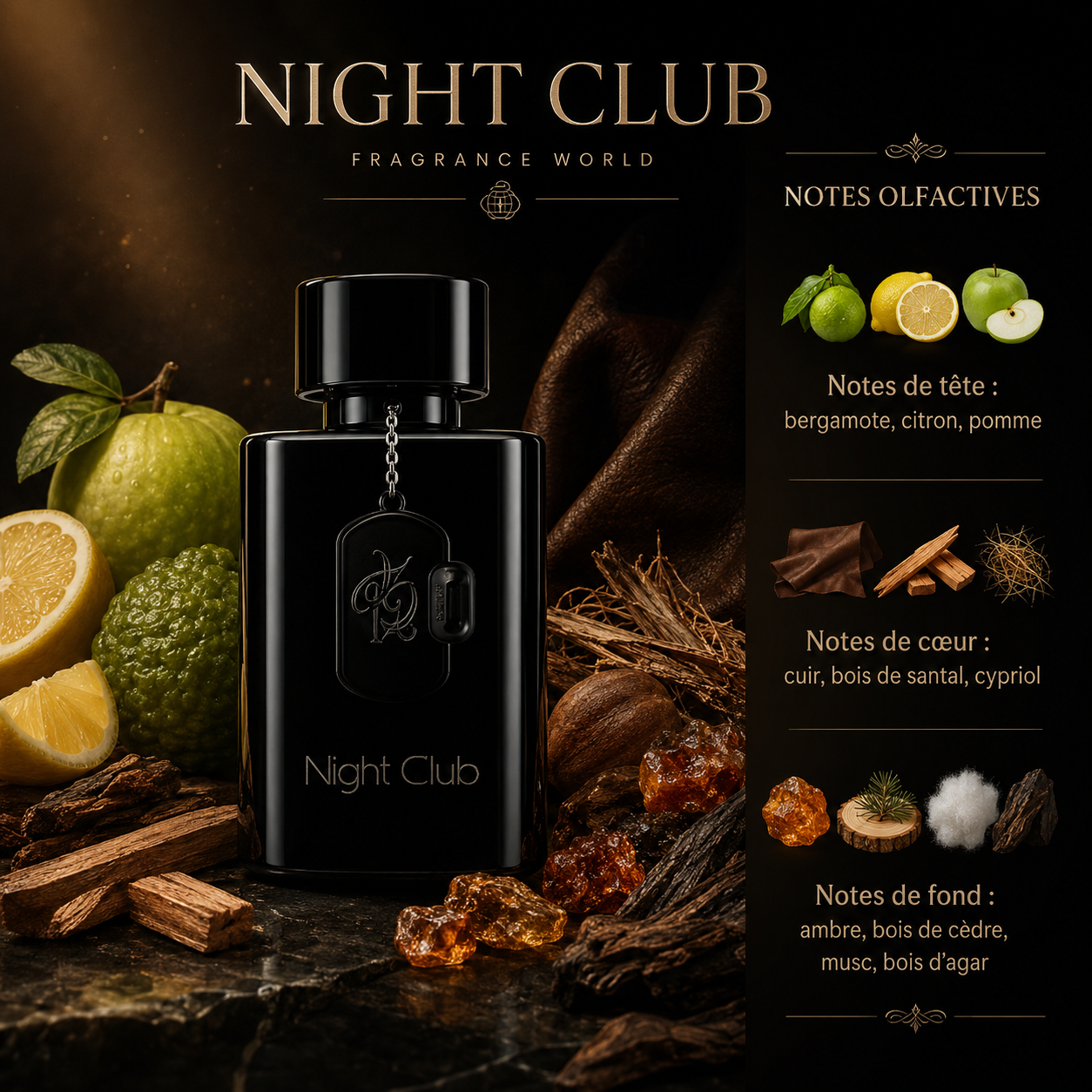 Night Club Fragrance World avec notes olfactives de bergamote, citron, pomme, cuir, bois de santal, cypriol, ambre, bois de cèdre, musc et bois d’agar