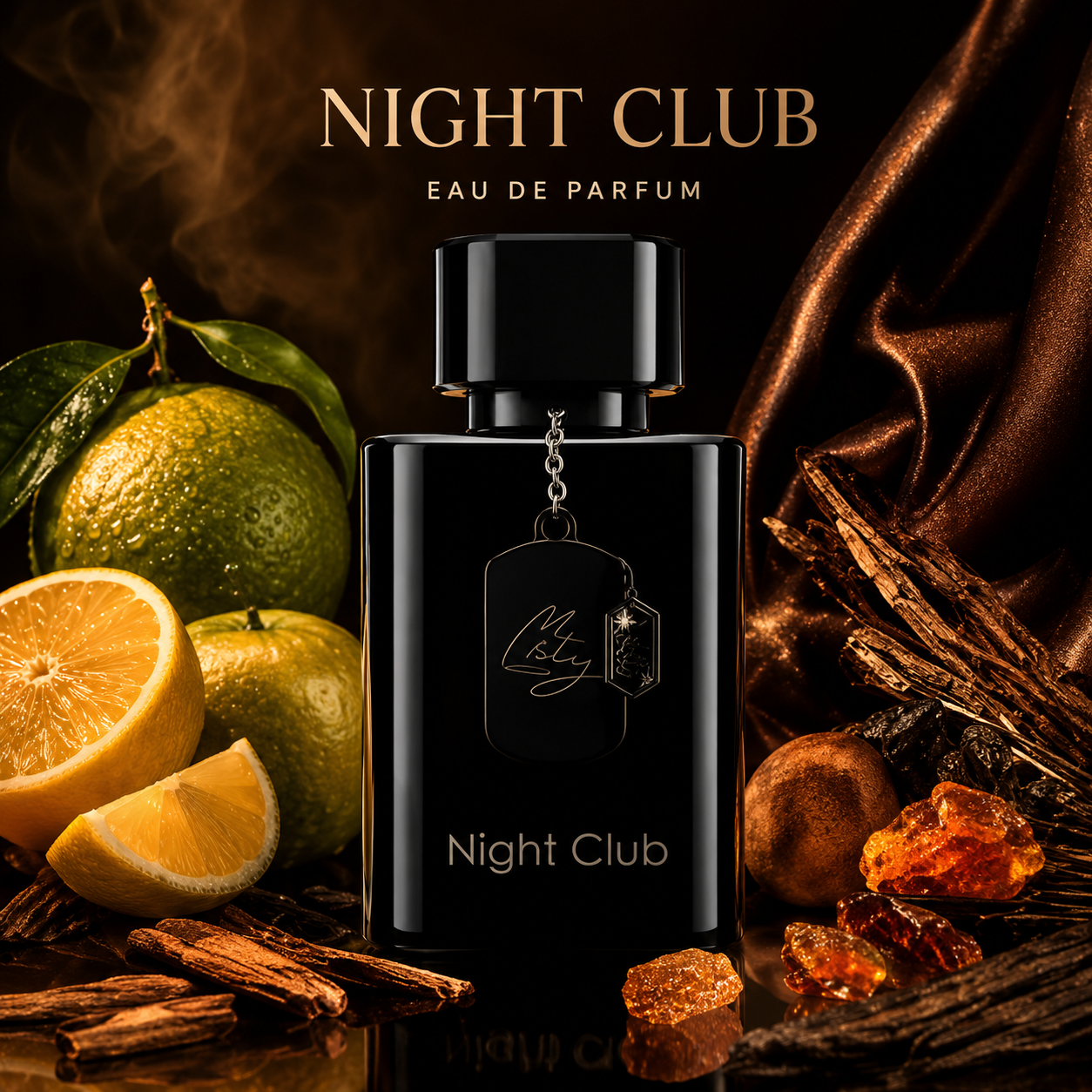 Flacon Night Club Fragrance World eau de parfum 100 ml sur fond noir et boisé