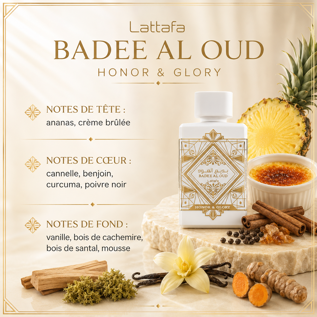 Notes olfactives du parfum Lattafa Badee Al Oud Honor