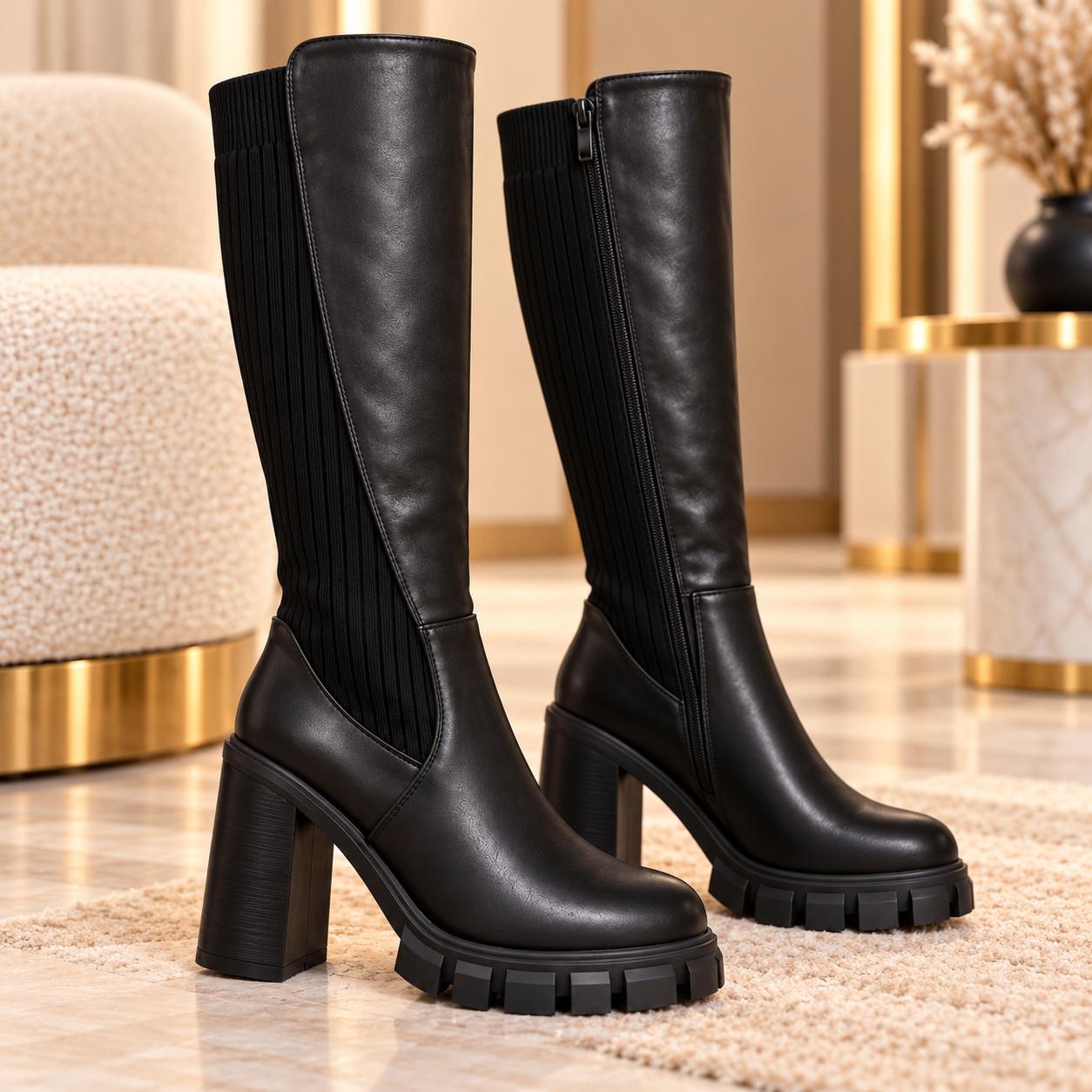 Paire de bottes hautes noires à maille côtelée, talon bloc, semelle crantée et fermeture zippée intérieure.