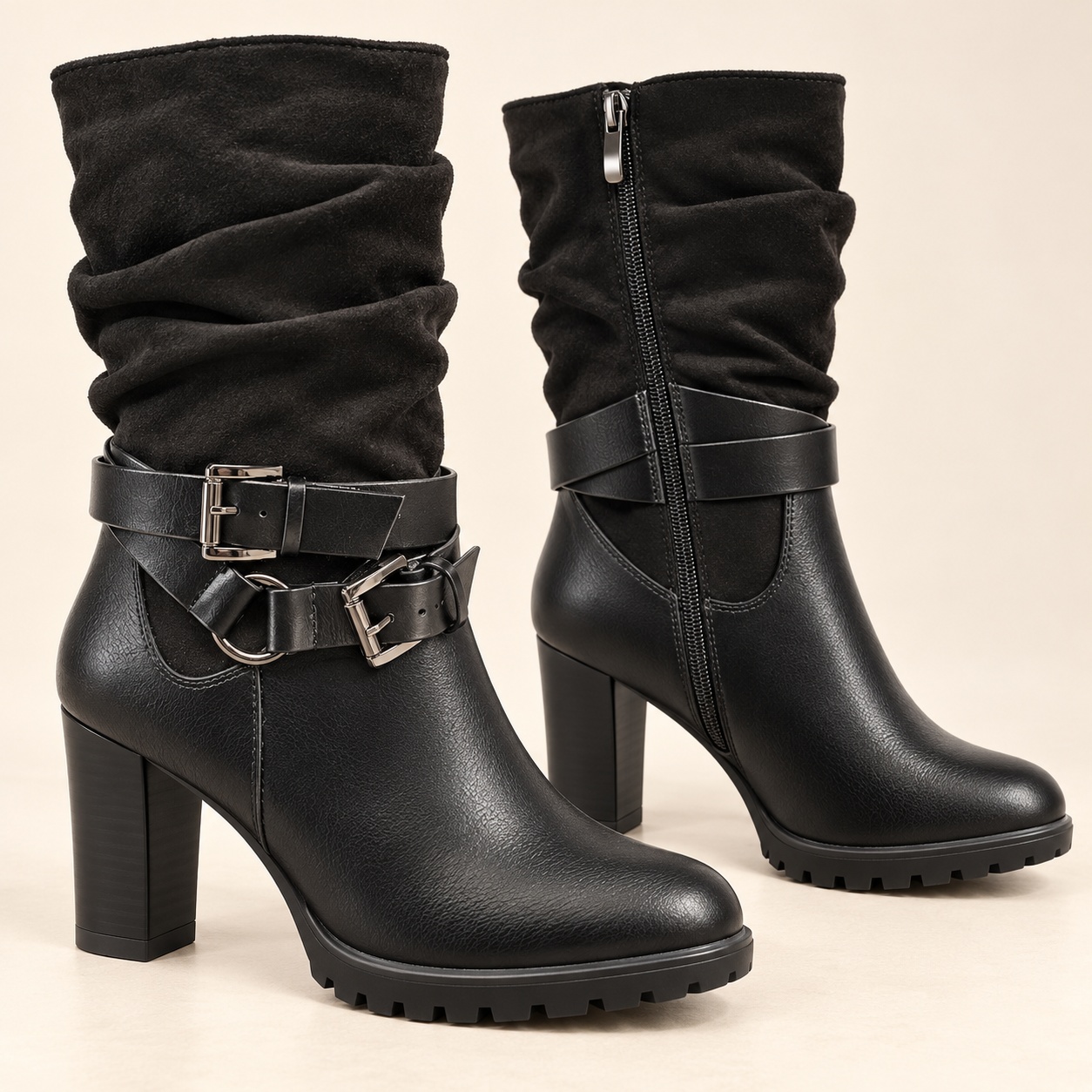 Paire de bottillons noirs SM 527 au sol, tige plissée, boucles métalliques et talon bloc