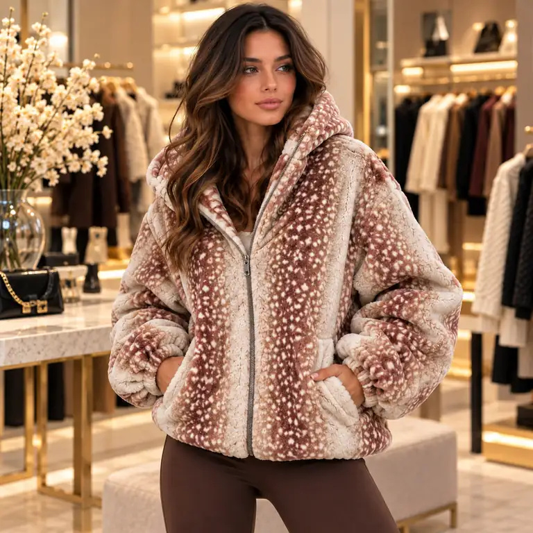 Veste Tendance Bambi rose poudré portée de face dans la boutique