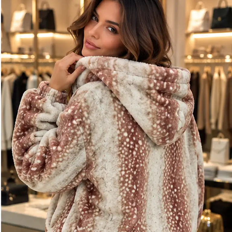 Veste Bambi taupe à capuche vue de dos en boutique