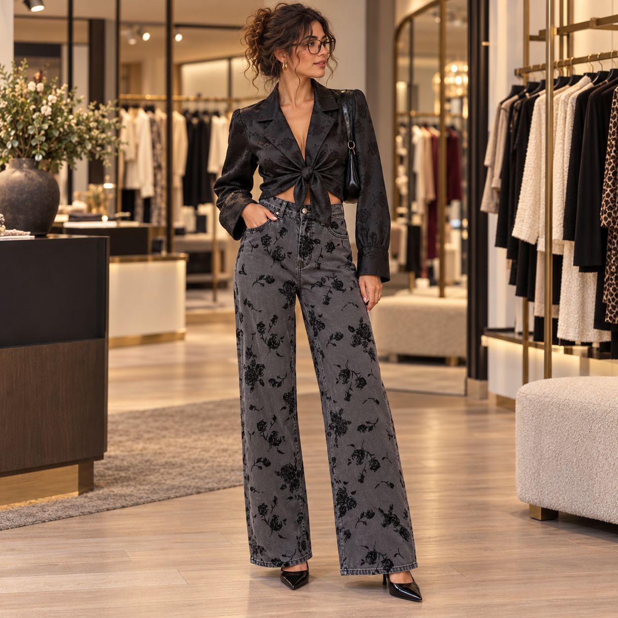 Jean wide leg gris anthracite à roses noires effet velours, vue de face en boutique sur mannequin.