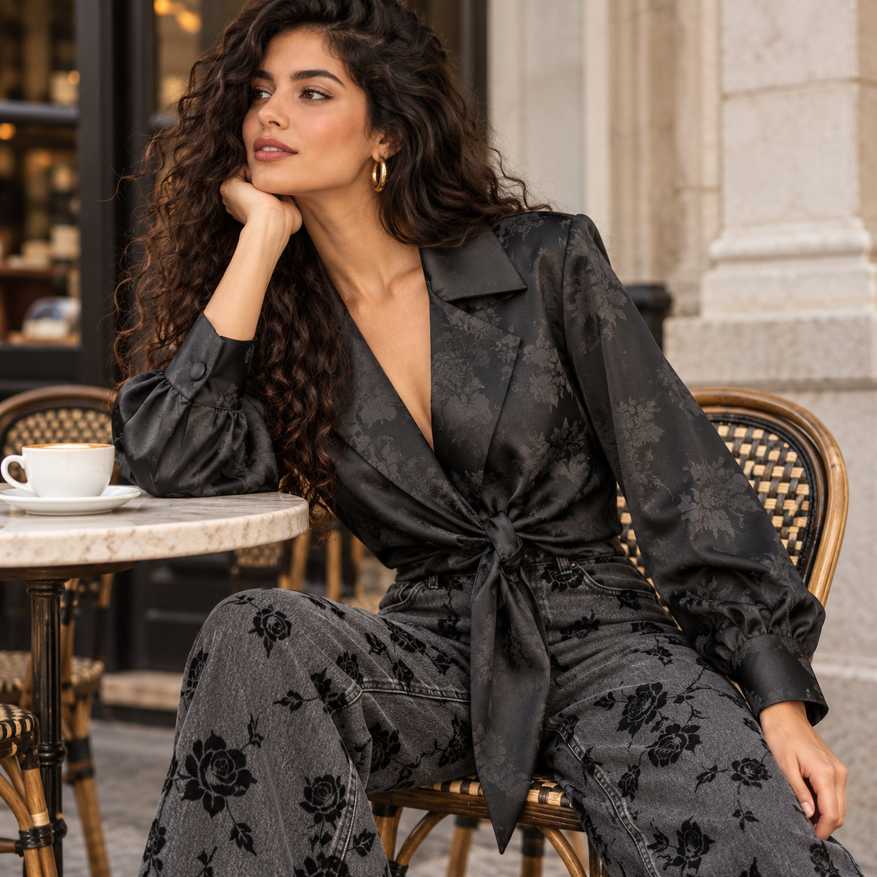 Chemisier noir à motifs floraux satinés avec col à revers, poignets longs et nœud devant, mannequin assise au café