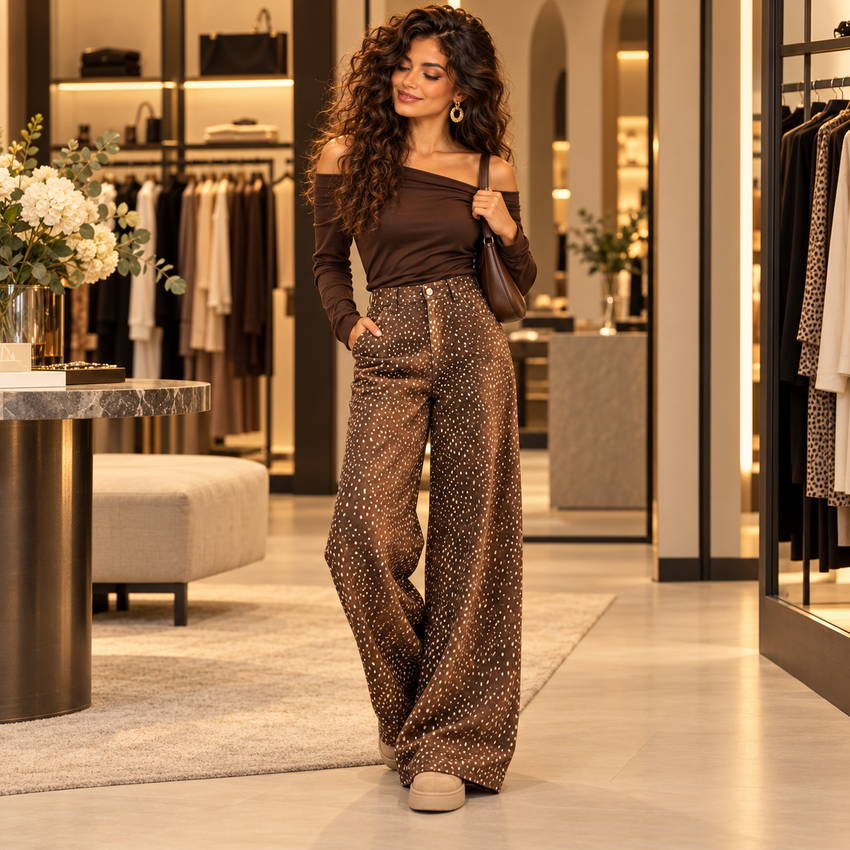 Pantalon Bambi chocolat tacheté crème porté de face dans la boutique, coupe ballon