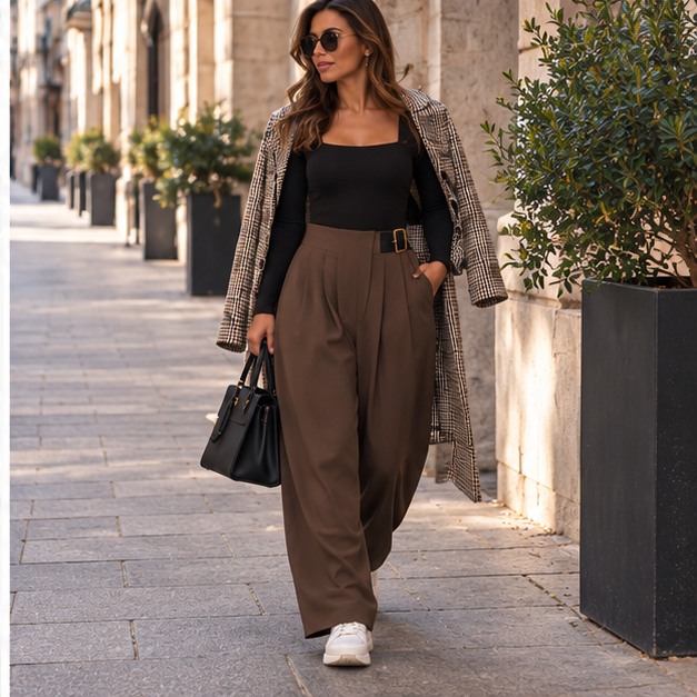 Pantalon ballon chocolat mannequin en ville