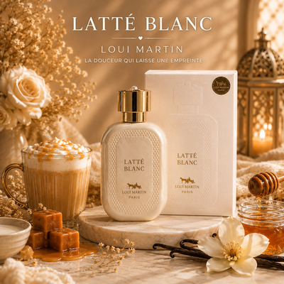 Latté Blanc Loui Martin parfum 100ml dans une ambiance chaleureuse avec caramel, vanille et douceur raffinée