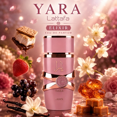 Visuel premium Yara Elixir Lattafa parfum femme fruité gourmand avec fraise cassis fleurs blanches caramel et vanille