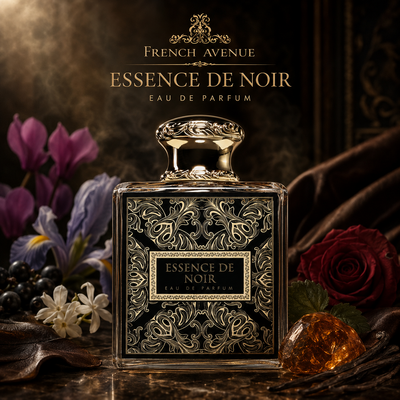 Essence de Noir French Avenue eau de parfum 100 ml, flacon noir et or dans une ambiance florale cuirée luxueuse inspirée du cassis, iris, rose, cuir et vanille.