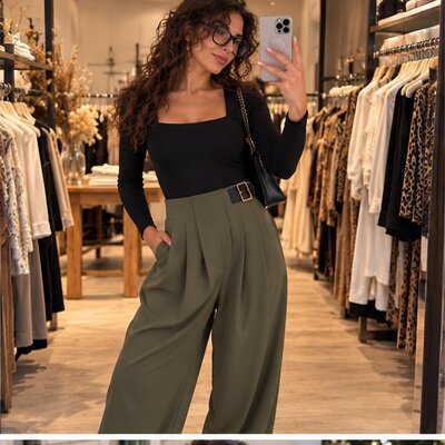 Pantalon ballon kaki mannequin cheveux bouclés en boutique
