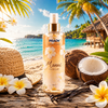 Brume Corps et Cheveux Monoï Vanille Prady 250 ml sur une plage tropicale ensoleillée avec mer turquoise, fleurs exotiques et ambiance vacances d'été