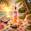Brume Corps et Cheveux Monoï Tiaré Prady 250 ml présentée sur une plage tropicale au coucher du soleil avec fleurs de tiaré, sable fin et ambiance vacances paradisiaques