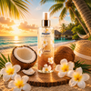 Brume Corps et Cheveux Monoï Coconut Prady 250 ml présentée sur une plage tropicale avec noix de coco, fleurs exotiques, mer turquoise et coucher de solei