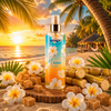Brume Corps et Cheveux Monoï Sucré Prady 250 ml sur une plage tropicale avec fleurs exotiques, sucre de canne, sable fin et coucher de soleil