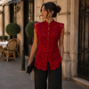 Blouse dentelle rouge femme chic avec détails raffinés et fermetures décoratives taille unique du 34 au 42
