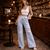 Jean wide leg denim clair avec dentelle taille haute vue face