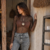 Body voile choco avec bijou doré porté par femme, look chic avec jean gris taille haute Fashion Victims