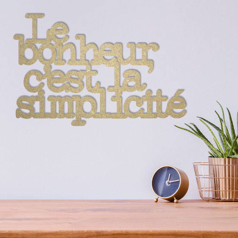 Phrase murale en bois attachée - Bonheur simplicité