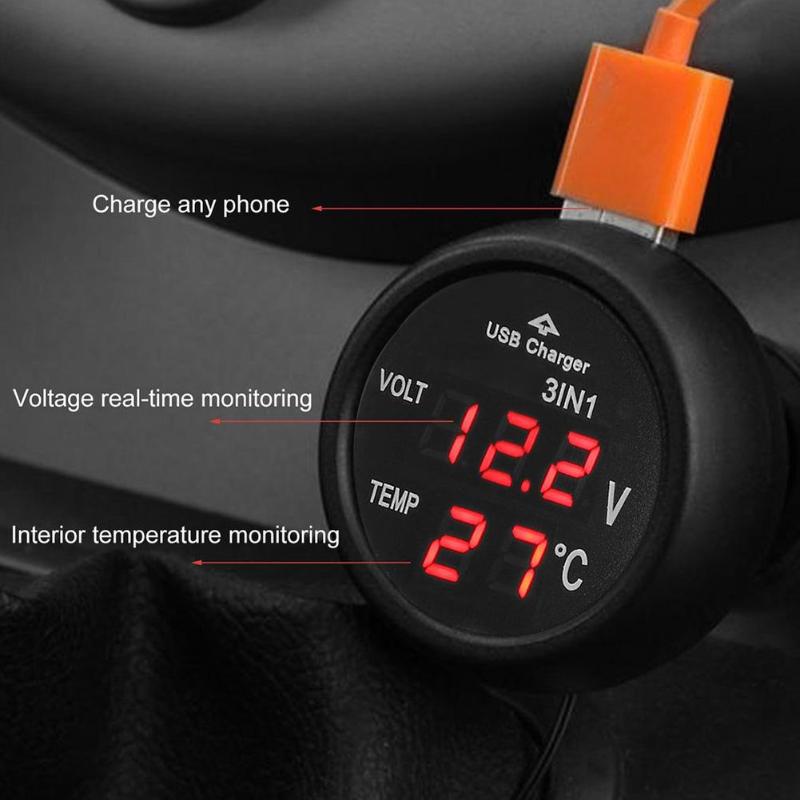 QUMOX Voltmètre Allume-cigare Thermomètre Chargeur USB LED Auto 12