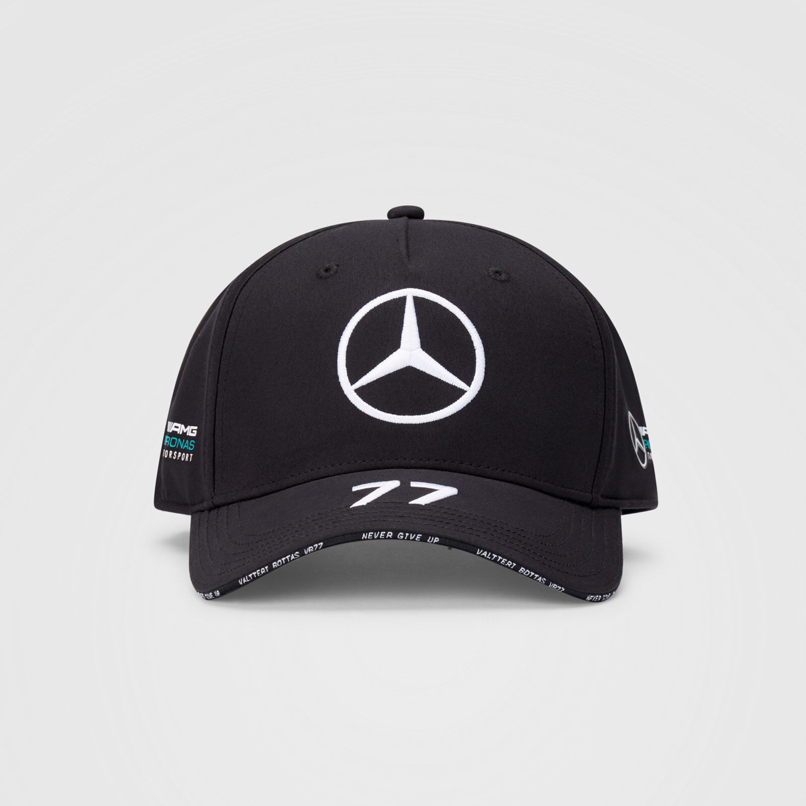 Casquette noir Mercedes AMG Petronas Valtteri Bottas numéro 77 vue face