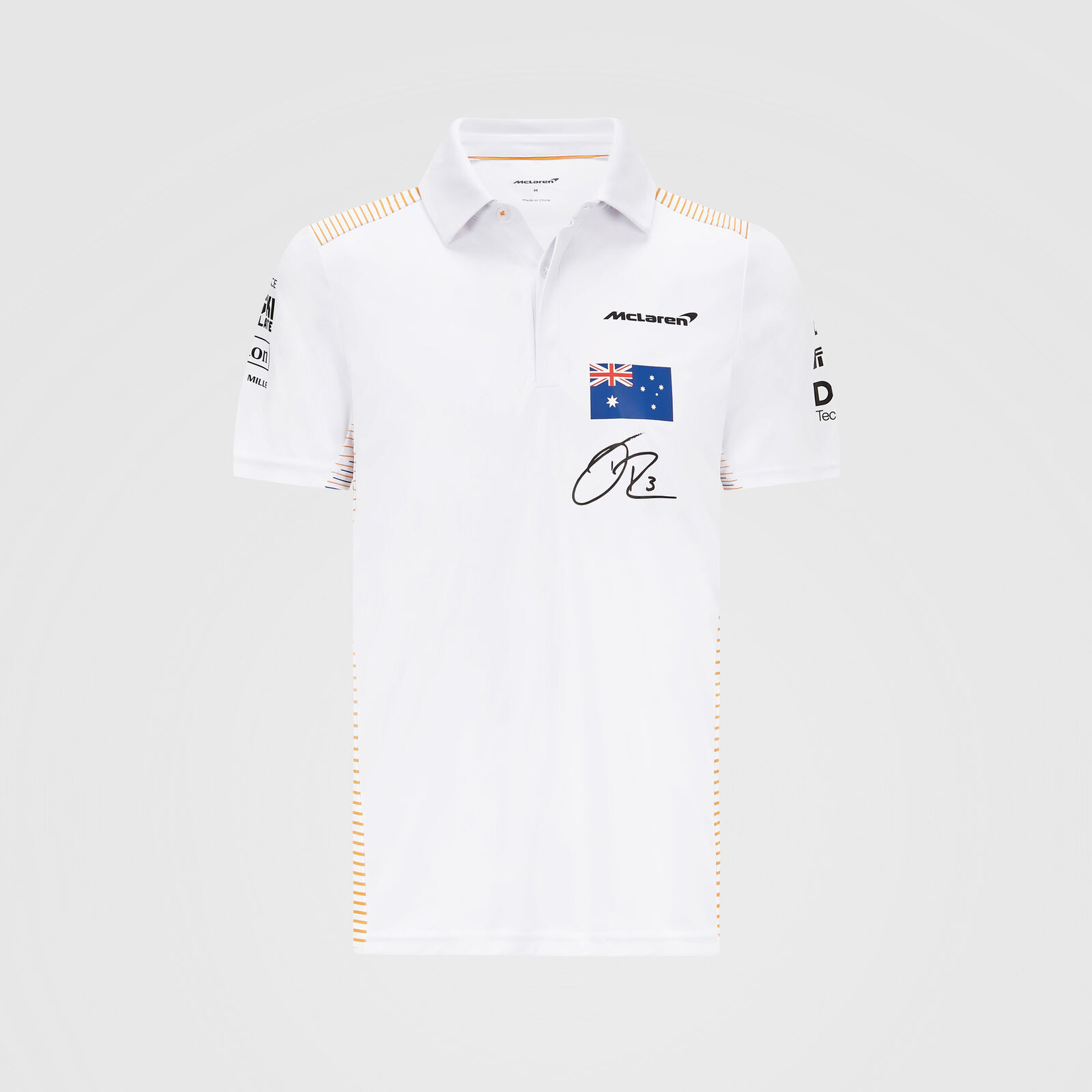 Polo homme McLaren Daniel Ricciardo blanc vue devant avec drapeau australienne et signature