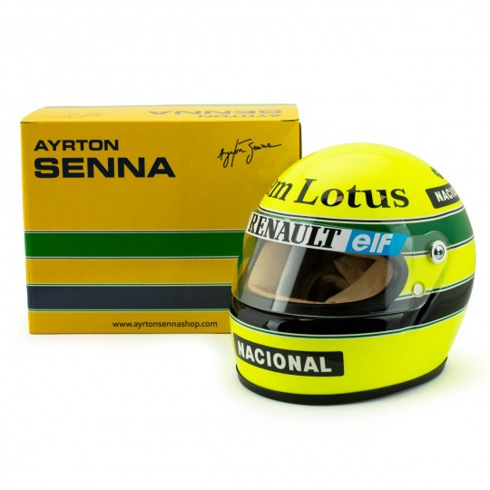 Mini Casque 1985 Ayrton Senna vue avec boîte