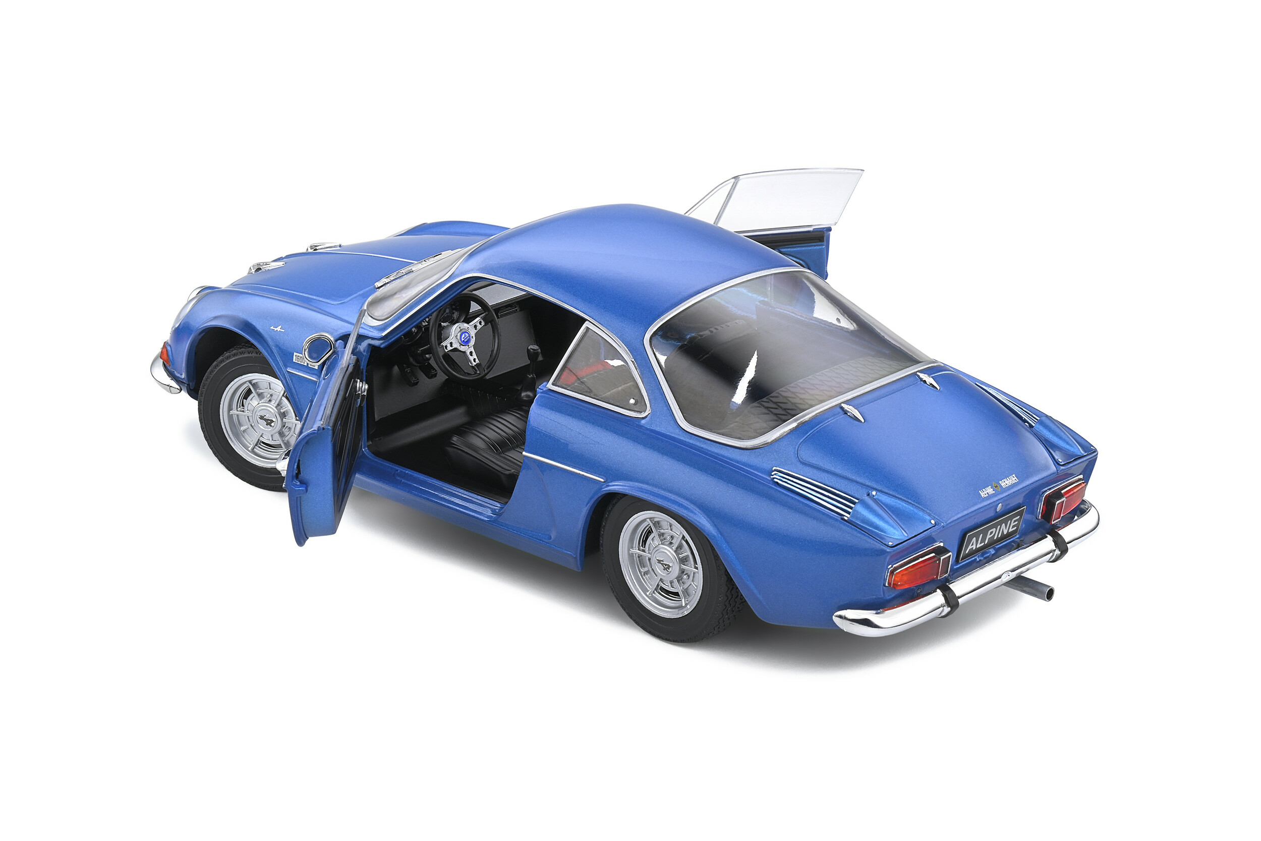 ALPINE A110 1600S de lannée 1969 échelle 1 18 couleur bleu alpine collection Solido vue arrière avec portes ouvertes