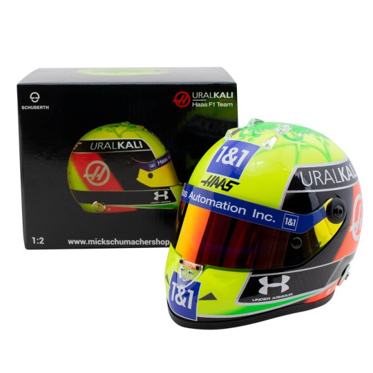 Mini casque Mick Schumacher 2021 Haas vue avec boîte