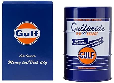 Tirelire - Porte stylo GULF bleu en forme de baril de pétrole vue face et boîte de présentation
