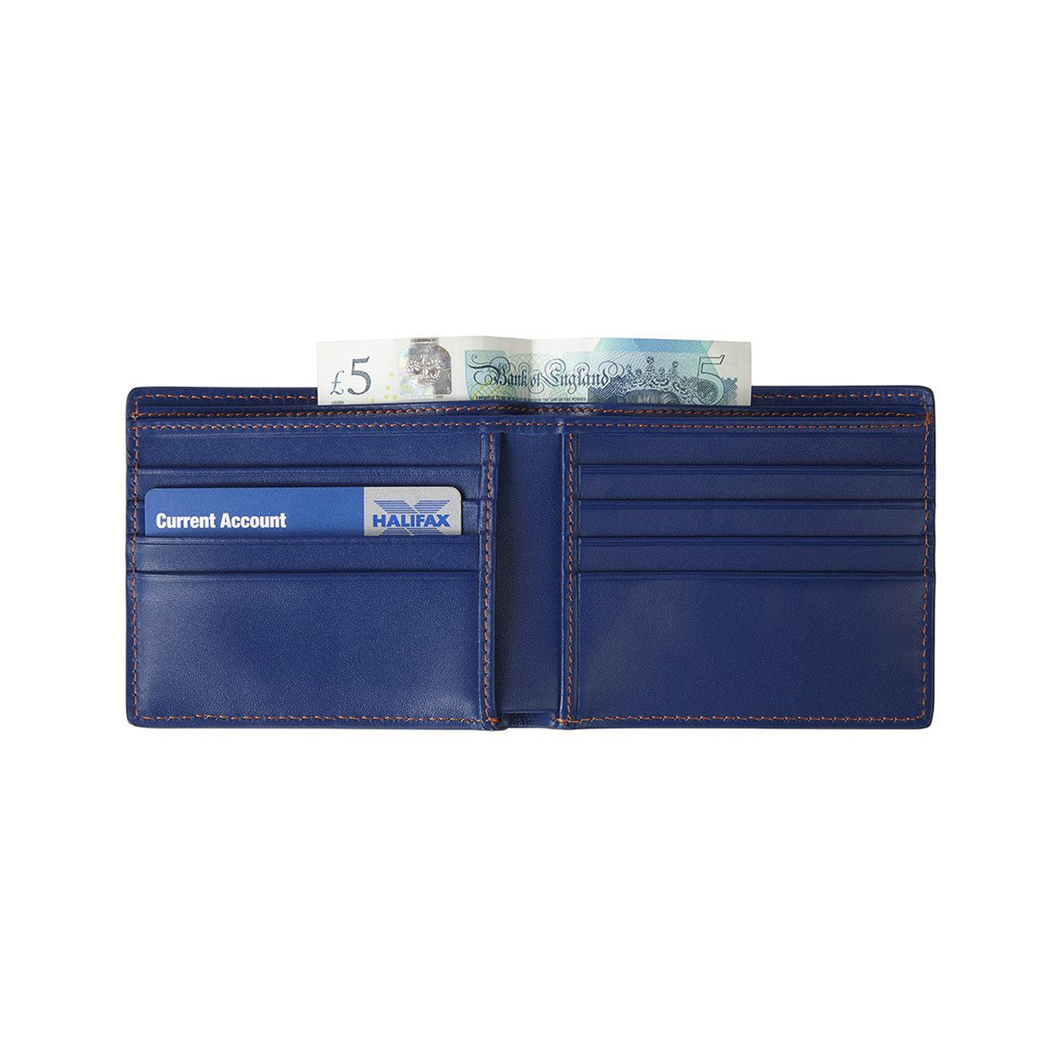 Portefeuille cuir GULF bleu vue intérieure ouverte avec des compartiments cartes