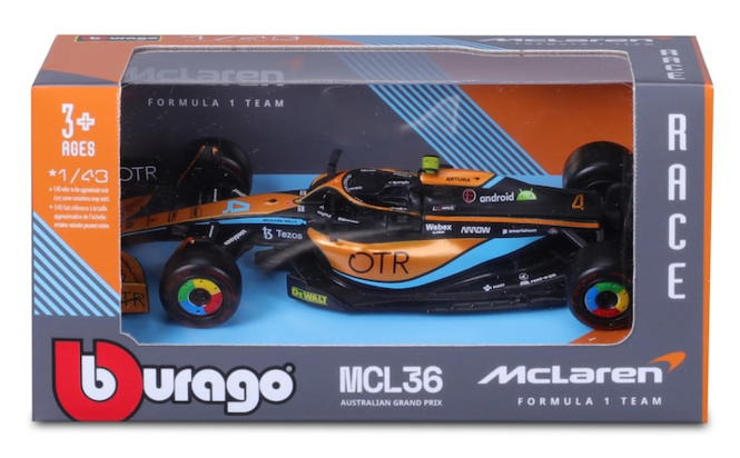 Burago McLaren Lando Norris n°4 MC36 vue avec boite