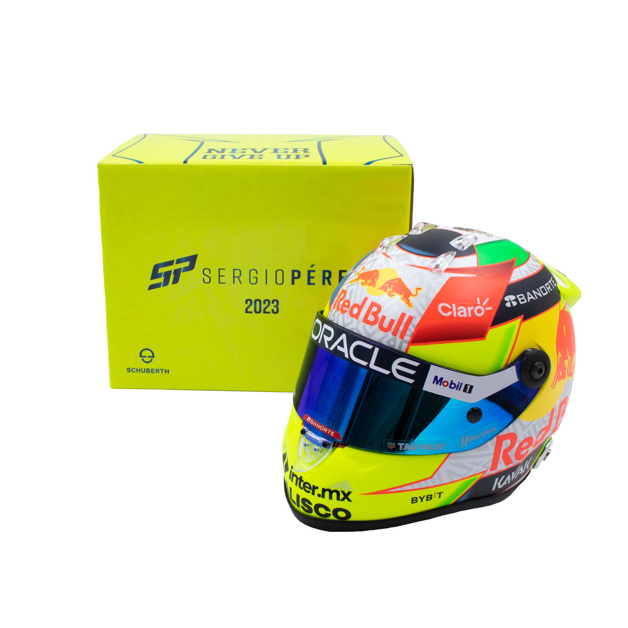 Mini casque Sergio Perez 2023 Red Bull vue avec boîte jaune fluo