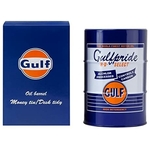 Tirelire - Porte stylo GULF bleu en forme de baril de pétrole vue face et boîte de présentation