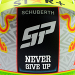 Mini casque Sergio Perez 2023 Red Bull vue arrière avec SP Never Give Up et Schuberth