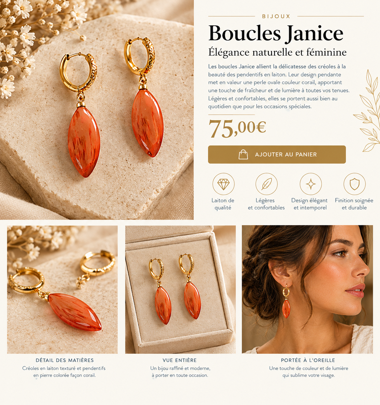 Élégance corail — Boucles Janice