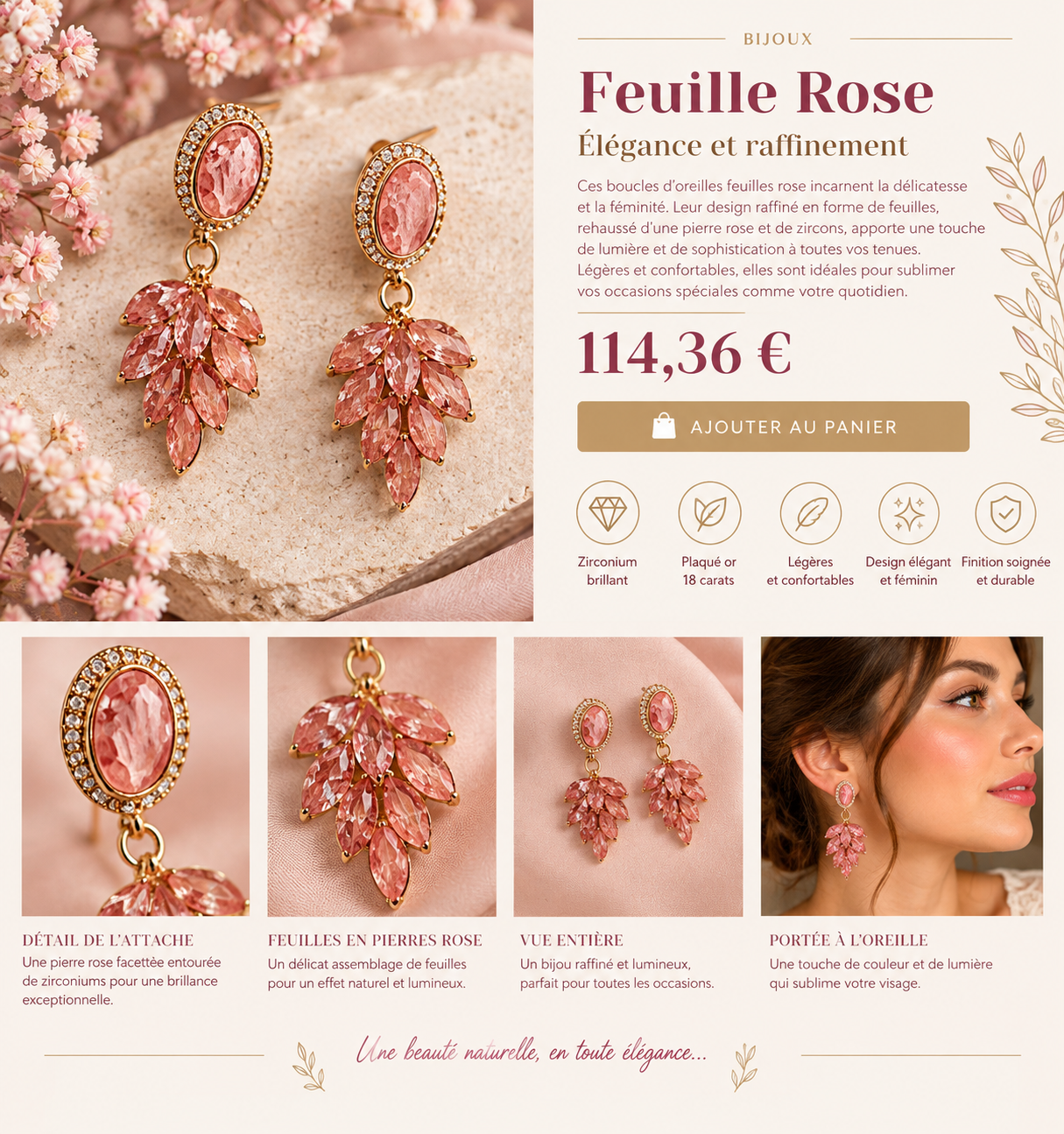 Élégance rose, boucles Feuille Rose