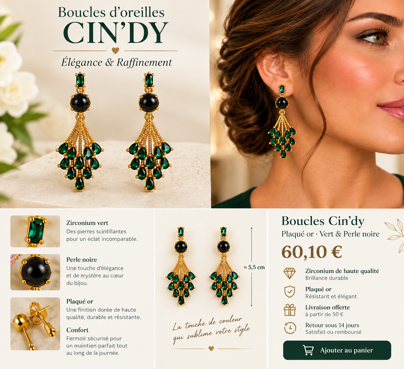 Élégance Cin’Dy, perle noire et zirconium vert
